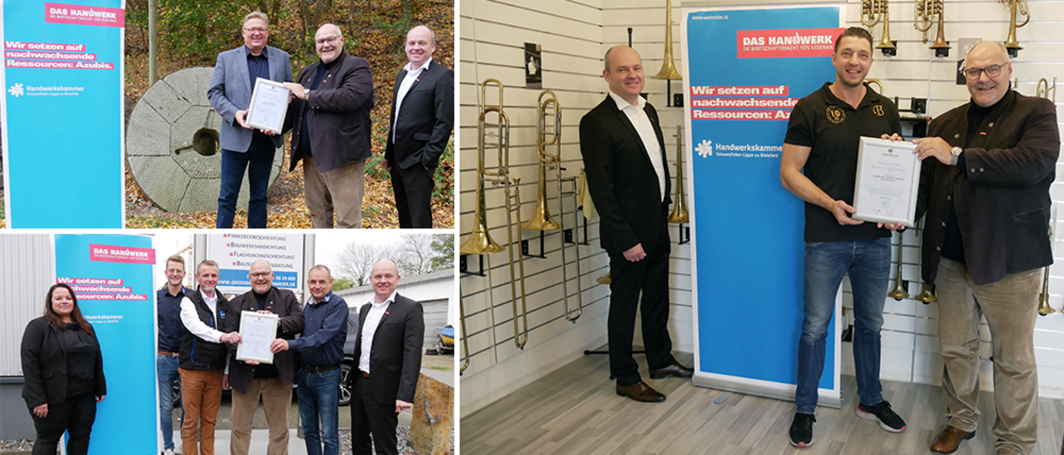 Freude bei der Übergabe der Urkunde "Anerkannter Ausbildungsbetrieb": (Bild oben links, v. l.) Heinrich Meier, Inhaber der "Heinrich Meier Mühle und Futtermittelhandel GmbH & Co. KG", erhält aus den Händen von Peter Eul, Präsident der Handwerkskammer OWL, und Carl-Christian Goll, Geschäftsführer Berufsbildung der Handwerkskammer OWL, die Ausbildungsurkunde. (Bild unten links, v. l.) Kathrin Auktuhn, Jan Großmann, Bernd Großmann, Kammerpräsident Peter Eul, Andreas Stühmeier, sowie Geschäftsführer Carl-Christian Goll. (Bild rechts, v. l.) Geschäftsführer Carl-Christian Goll, Nils Buddenbohm, Meister im Metallblasintrumentenmacher-Handwerk und Inhaber von Buddenbohm Brass, sowie Kammerpräsident Peter Eul. Freude bei der Übergabe der Urkunde "Anerkannter Ausbildungsbetrieb": (Bild oben links, v. l.) Heinrich Meier, Inhaber der "Heinrich Meier Mühle und Futtermittelhandel GmbH & Co. KG", erhält aus den Händen von Peter Eul, Präsident der Handwerkskammer OWL, und Carl-Christian Goll, Geschäftsführer Berufsbildung der Handwerkskammer OWL, die Ausbildungsurkunde. (Bild unten links, v. l.) Kathrin Auktuhn, Jan Großmann, Bernd Großmann, Kammerpräsident Peter Eul, Andreas Stühmeier, sowie Geschäftsführer Carl-Christian Goll. (Bild rechts, v. l.) Geschäftsführer Carl-Christian Goll, Nils Buddenbohm, Meister im Metallblasintrumentenmacher-Handwerk und Inhaber von Buddenbohm Brass, sowie Kammerpräsident Peter Eul.