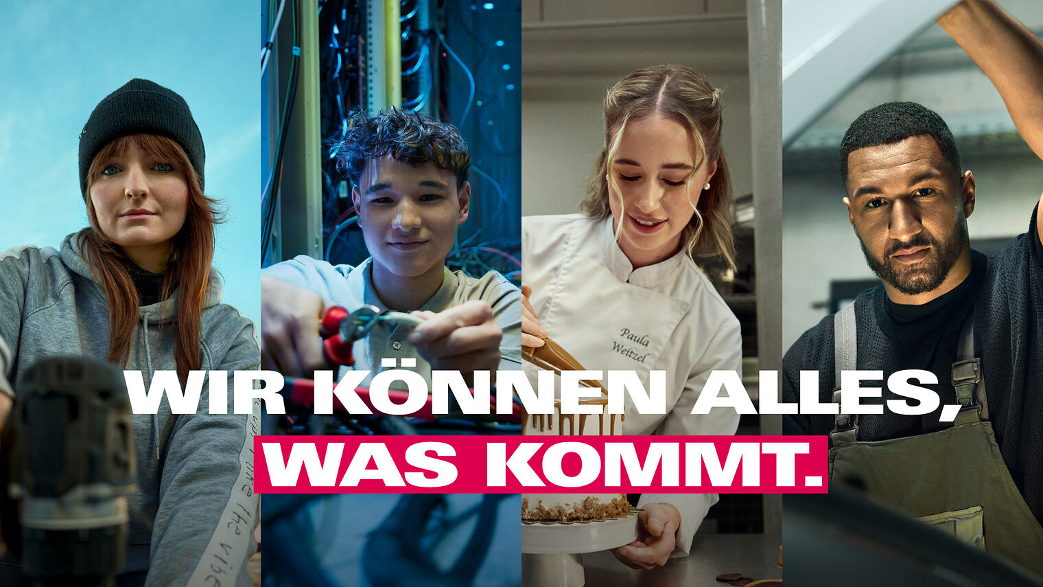 Vier Handwerker*innen schauen in die Kamera. Unter ihnen steht "Wir können alles, was kommt." 