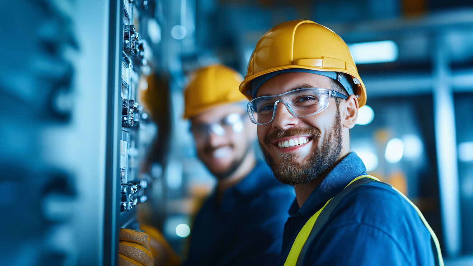 Zwei Handwerker mit Helm stehen an einer Schaltwand und lächeln in die Kamera.