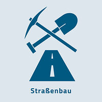 Das Bild zeigt das Zunftzeichen des Straßenbaus. Es ist eine Straße zu sehen sowie eine Schaufel und eine Hacke.