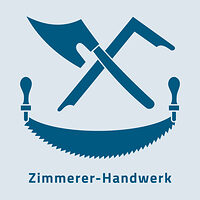 Das Bild zeigt das Zunftzeichen des Zimmerer-Handwerks. Es sind mehrere Werkzeuge abgebildet, darunter eine Handsäge. 
