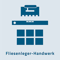Das Bild zeigt das Zunftzeichen des Fliesenleger-Handwerks. Dort sind Fliesen, eine Wasserwaage und ein Spachtel zu sehen.