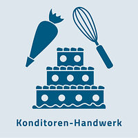 Das Zunftzeichen des Konditoren-Handwerks zeigt eine Torte, eine Spritztülle und einen Schneebesen. 