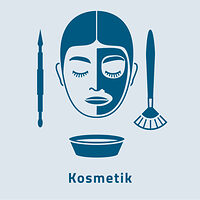Das Zunftzeichen der Kosmetik zeigt ein Gesicht, das zur Hälfte geschminkt ist. Daneben ist ein Pinsel abgebildet. 