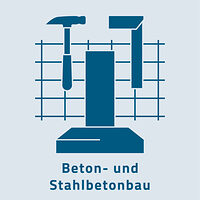 Das Zunftzeichen des Beton- und Stahlbetonbaus zeigt ein Gerüst und einen Stahlbetonträger sowie einen Hammer.