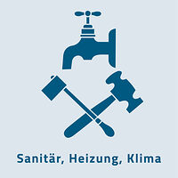 Das Zunftzeichen Sanitär, Heizung und Klima zeigt einen Wasserhahn, eine Rohrzange und einen Hammer. 