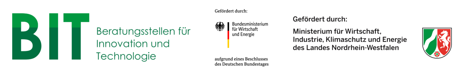 Logo des BIT, Bundesministerium für Wirtschaft und Klimaschutz und das Logo des Minsterium für Wirtschaft, Industrie, Klimaschutz und Energie des Landes Nordrhein-Westfalen