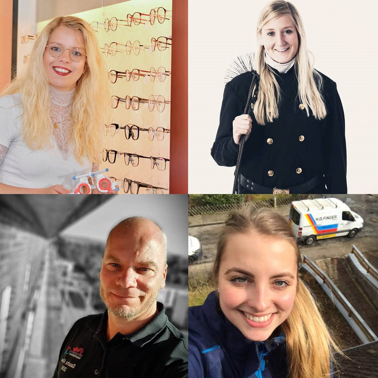 Augenoptikermeisterin Stefanie Dowe (oben l.), Schornsteinfegerin Kira Stork (oben r.), Dachdeckermeister Sascha Kloss (unten l.) und Anlagenmechanikerin Carolin Finger möchten noch mehr junge Leute für das Handwerk begeistern