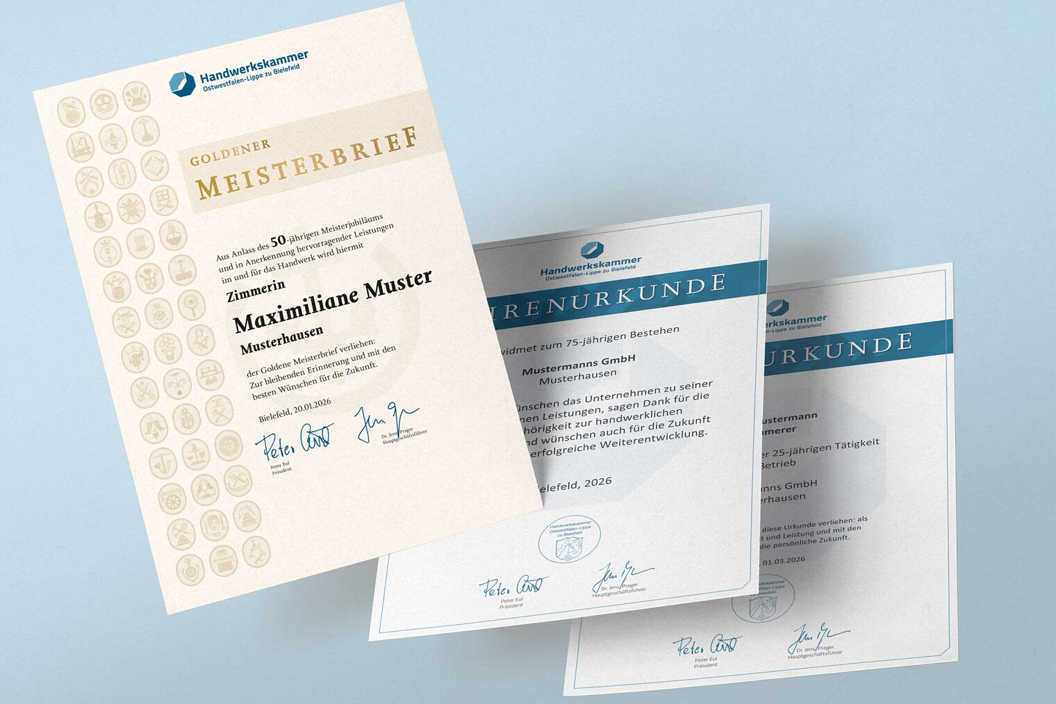 Musterbild von Ehrungsurkunden der HWK OWL