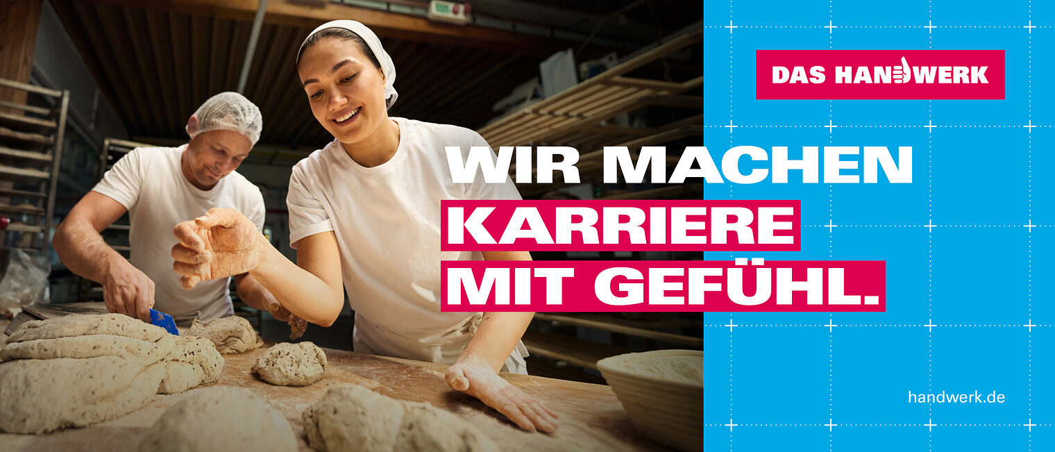 Die neue Imagekampagne von "Das Handwerk" heißt "Wir machen Karriere mit Gefühl." Zu sehen sind vier Handwerker*innen. 