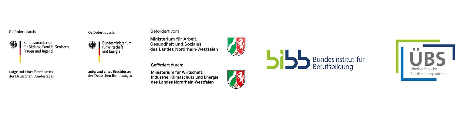 Förderlogos des BMBFSFJ, BMWE, dem MAGS NRW, MWIKE NRW, bibb und ÜBS