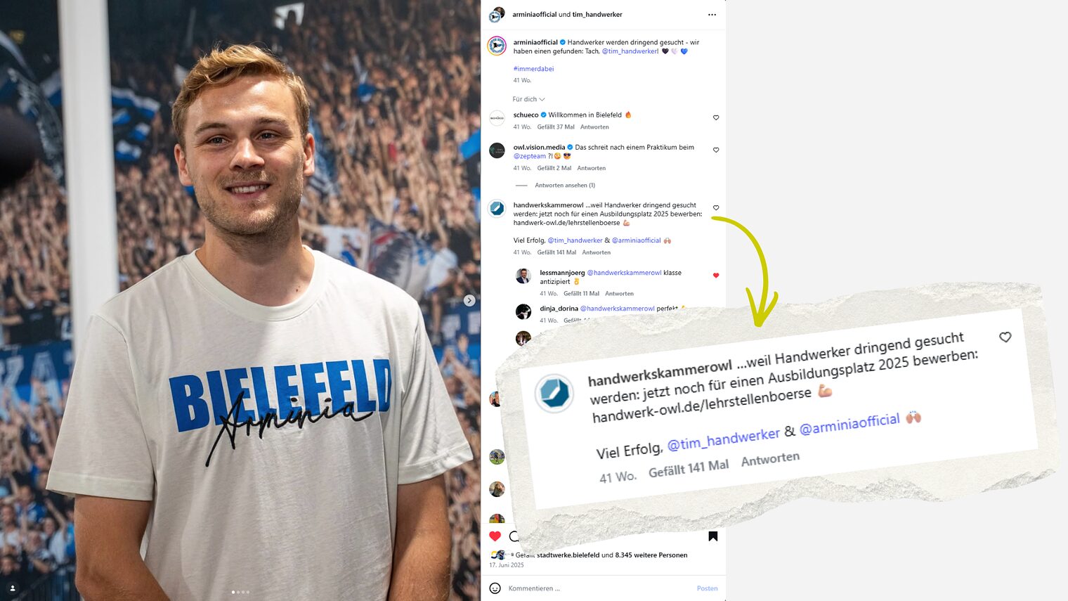 Instagram-Post mit einem Foto von Spieler Tim Handwerker. Die Handwerkskammer hat darunter kommentiert.